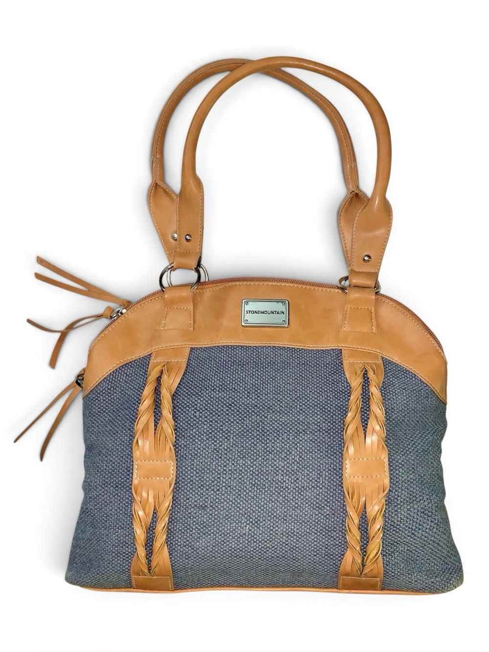 Stone Mountain Braided Leather Canvas Shoulder Bag 2-Tone Spacious